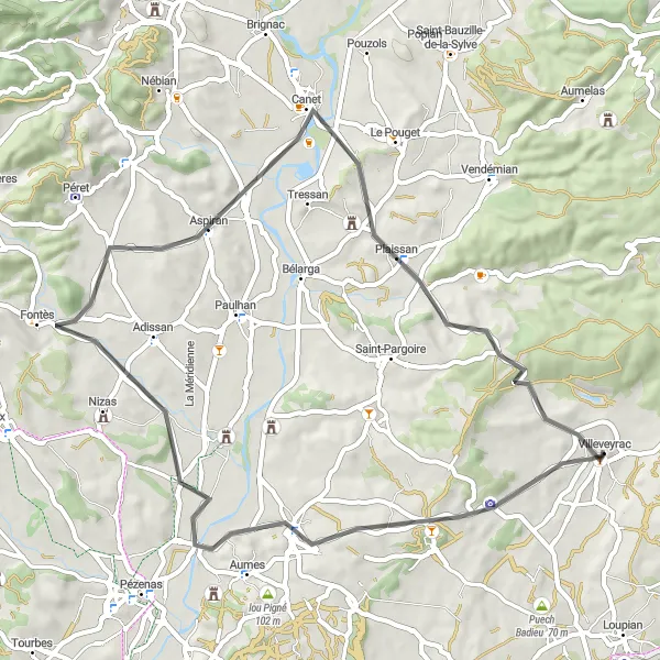 Miniature de la carte de l'inspiration cycliste "Boucle à vélo de Villeveyrac à Puilacher" dans la Languedoc-Roussillon, France. Générée par le planificateur d'itinéraire cycliste Tarmacs.app