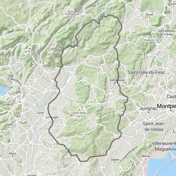 Map miniature of "Villeveyrac to Saint-Guilhem-le-Désert Loop" cycling inspiration in Languedoc-Roussillon, France. Generated by Tarmacs.app cycling route planner