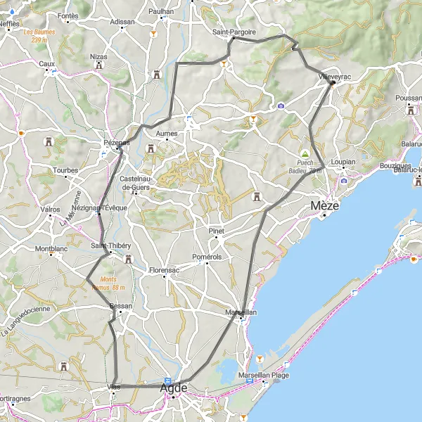 Map miniature of "Scenic Villeveyrac Road Cycling Loop" cycling inspiration in Languedoc-Roussillon, France. Generated by Tarmacs.app cycling route planner