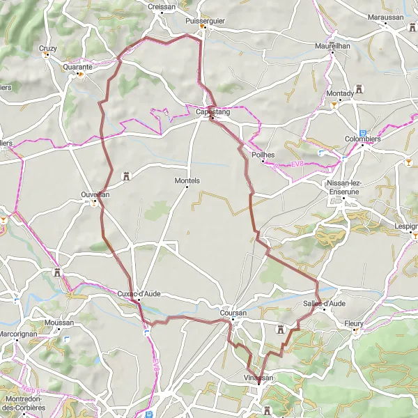 Map miniature of "Vinassan - Coursan - Ouveillan - Pech du Thou - Capestang - L'Esquino de Camel - Vinassan" cycling inspiration in Languedoc-Roussillon, France. Generated by Tarmacs.app cycling route planner