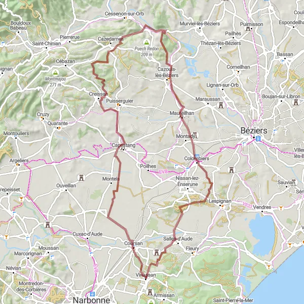 Map miniature of "Vinassan - Coursan - Capestang - Pech du Thou - Cazedarnes - Puech de l'Homme - Maureilhan - Puech Blanc - Vinassan" cycling inspiration in Languedoc-Roussillon, France. Generated by Tarmacs.app cycling route planner