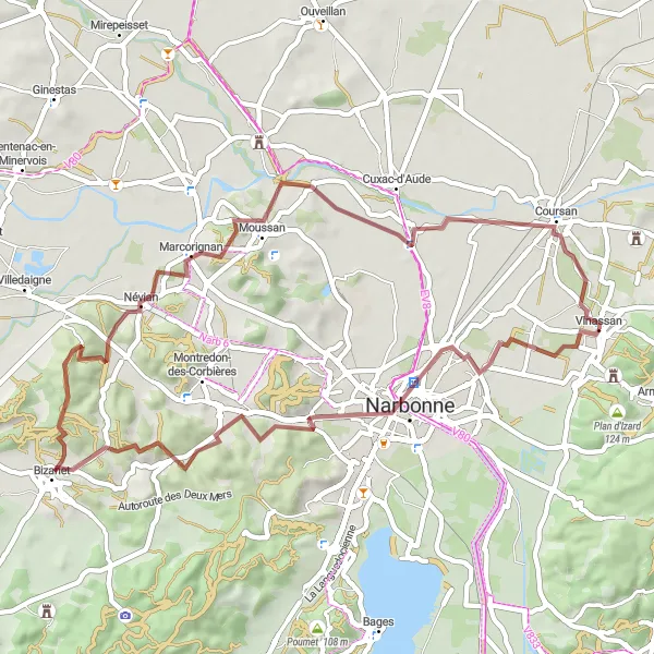 Map miniature of "Vinassan - Narbonne - Donjon Gilles Aycelin - Bizanet - Marcorignan - Le Roucan - Vinassan" cycling inspiration in Languedoc-Roussillon, France. Generated by Tarmacs.app cycling route planner