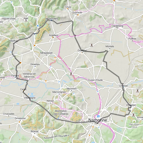 Map miniature of "Exploring the Minervois Wine Region" cycling inspiration in Languedoc-Roussillon, France. Generated by Tarmacs.app cycling route planner