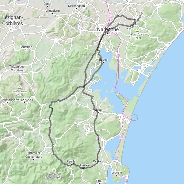 Map miniature of "The Corbières Challenge" cycling inspiration in Languedoc-Roussillon, France. Generated by Tarmacs.app cycling route planner