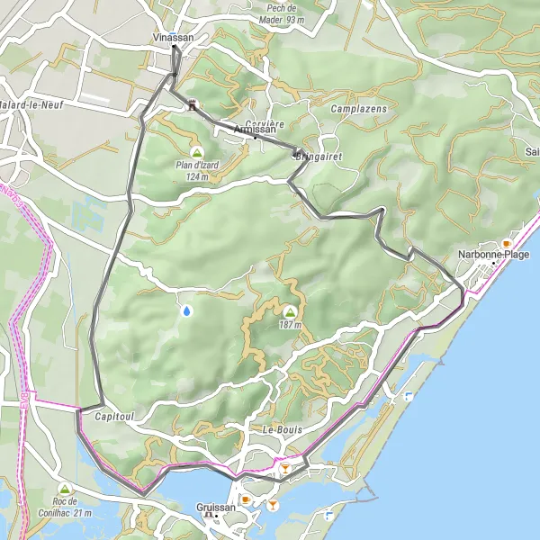 Map miniature of "Vinassan - Plan d'Izard - Armissan - Gruissan - Vinassan" cycling inspiration in Languedoc-Roussillon, France. Generated by Tarmacs.app cycling route planner