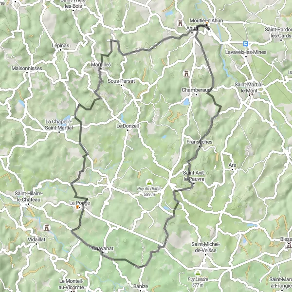 Map miniature of "Countryside Escape" cycling inspiration in Limousin, France. Generated by Tarmacs.app cycling route planner