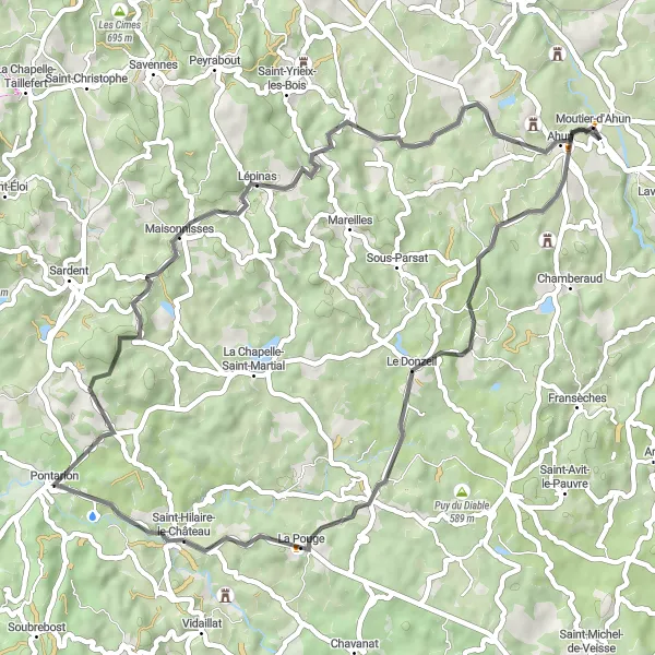 Map miniature of "Scenic Ride: Ahun to Château de Chantemille" cycling inspiration in Limousin, France. Generated by Tarmacs.app cycling route planner