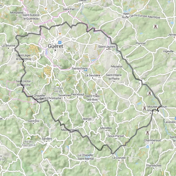 Miniature de la carte de l'inspiration cycliste "Circuit de Châteaux autour d'Ahun" dans la Limousin, France. Générée par le planificateur d'itinéraire cycliste Tarmacs.app