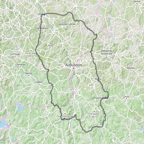 Map miniature of "The Challenging Circuit" cycling inspiration in Limousin, France. Generated by Tarmacs.app cycling route planner