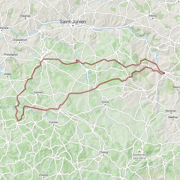 Map miniature of "The Countryside Gravel Tour" cycling inspiration in Limousin, France. Generated by Tarmacs.app cycling route planner