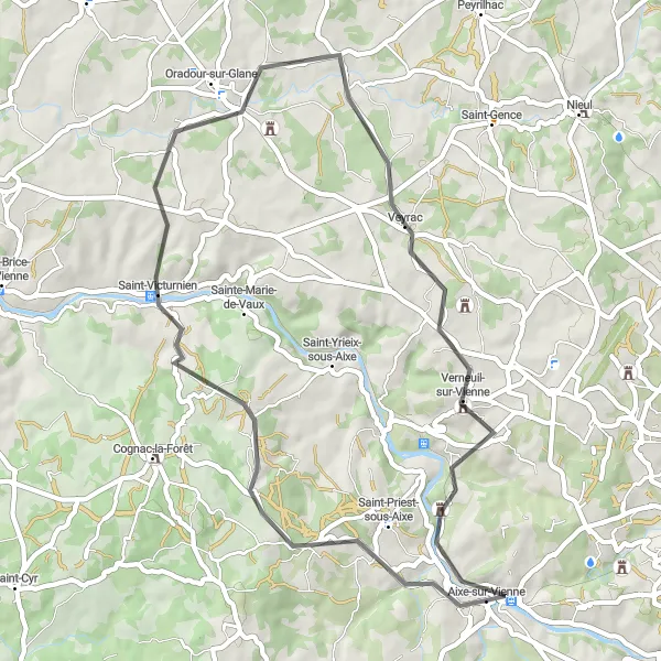 Map miniature of "The River Valley Loop" cycling inspiration in Limousin, France. Generated by Tarmacs.app cycling route planner