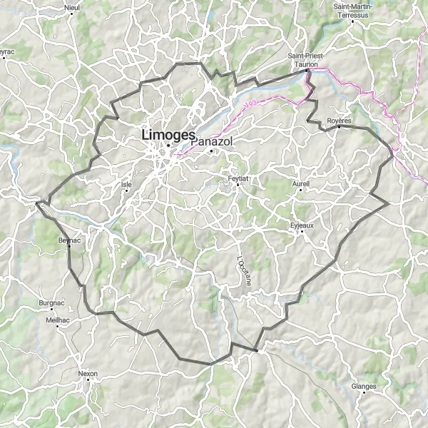 Map miniature of "Aixe-sur-Vienne Circuit" cycling inspiration in Limousin, France. Generated by Tarmacs.app cycling route planner