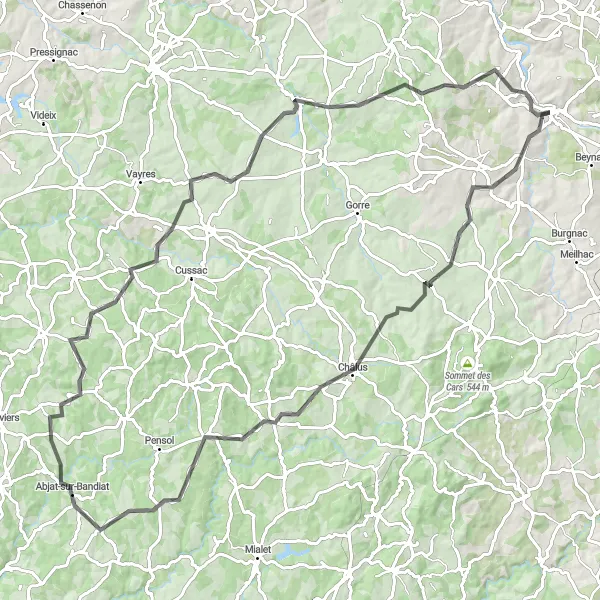 Map miniature of "Châlus to Saint-Priest-sous-Aixe" cycling inspiration in Limousin, France. Generated by Tarmacs.app cycling route planner