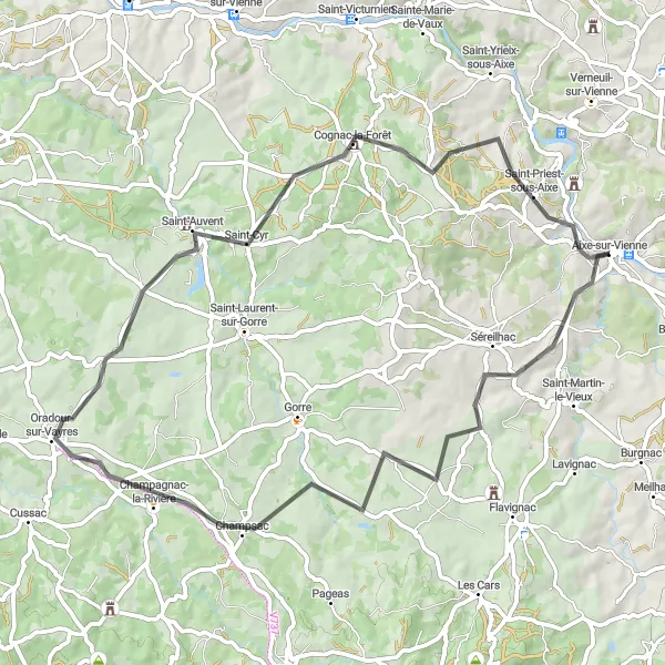 Map miniature of "Champsac Tour" cycling inspiration in Limousin, France. Generated by Tarmacs.app cycling route planner