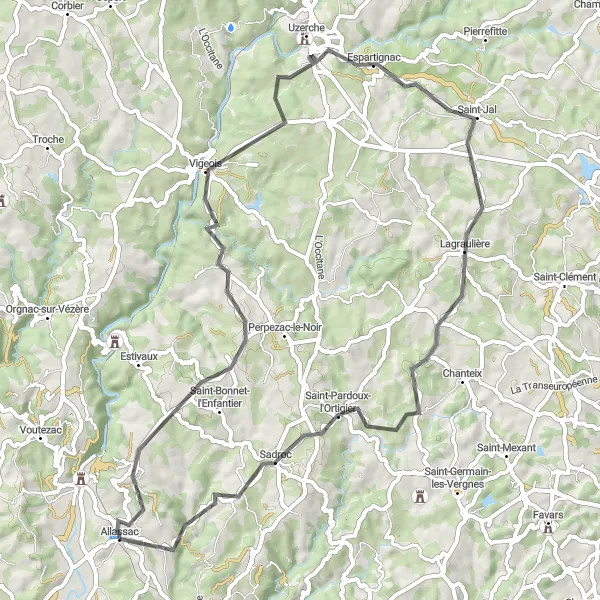 Map miniature of "Vigeois and Espartignac Circuit" cycling inspiration in Limousin, France. Generated by Tarmacs.app cycling route planner