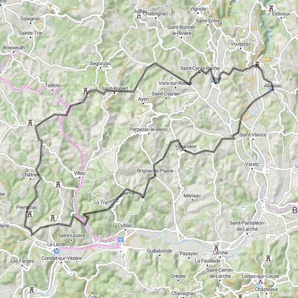 Map miniature of "Allassac Adventure: Exploring Natural Beauty and Historic Sites" cycling inspiration in Limousin, France. Generated by Tarmacs.app cycling route planner
