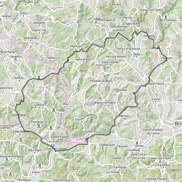 Map miniature of "Cublac and Puy de Segonzac Loop" cycling inspiration in Limousin, France. Generated by Tarmacs.app cycling route planner