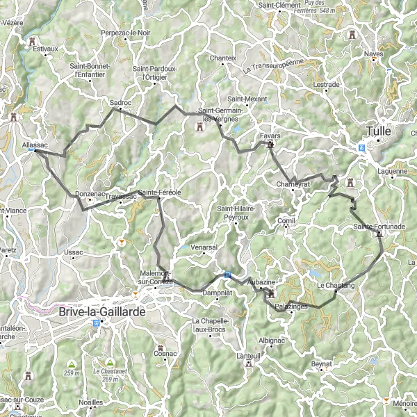 Map miniature of "The Hills and Villages of Limousin" cycling inspiration in Limousin, France. Generated by Tarmacs.app cycling route planner