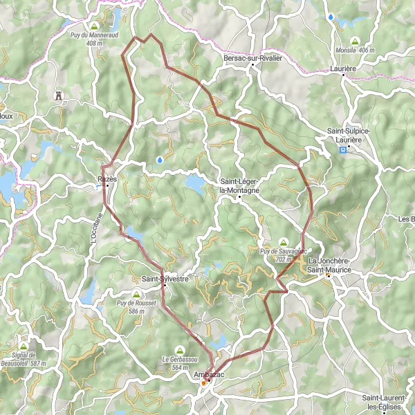 Map miniature of "Gravel Route - Puy Moissat" cycling inspiration in Limousin, France. Generated by Tarmacs.app cycling route planner