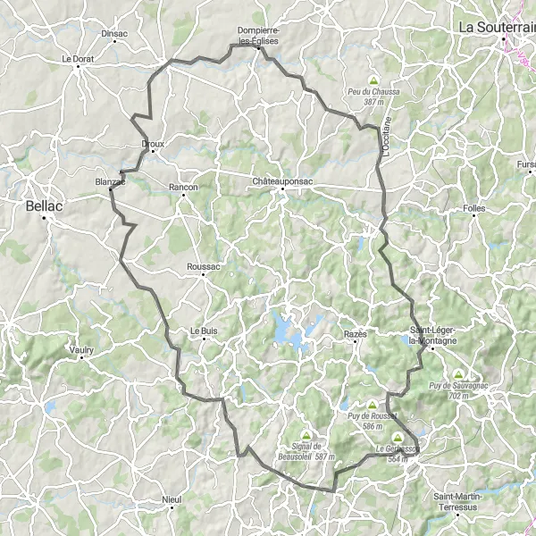 Miniature de la carte de l'inspiration cycliste "Tour de Monts de Limoges" dans la Limousin, France. Générée par le planificateur d'itinéraire cycliste Tarmacs.app