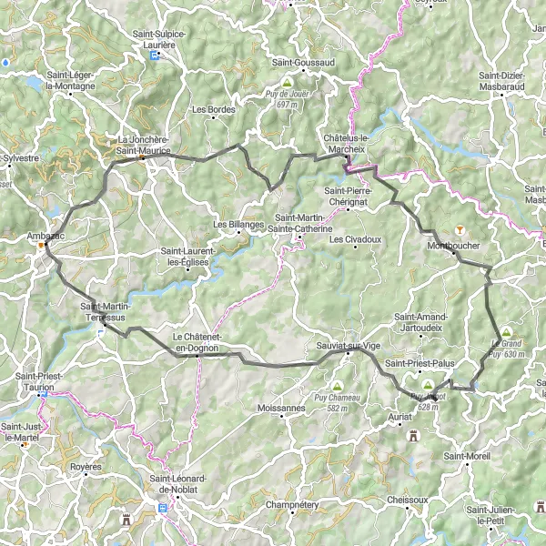 Map miniature of "Road Route - La Jonchère-Saint-Maurice and Montboucher" cycling inspiration in Limousin, France. Generated by Tarmacs.app cycling route planner