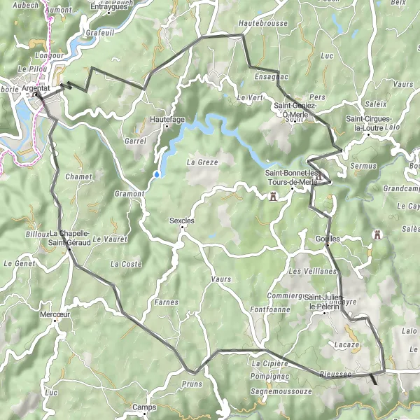 Miniature de la carte de l'inspiration cycliste "Boucle de Saint-Julien-le-Pèlerin" dans la Limousin, France. Générée par le planificateur d'itinéraire cycliste Tarmacs.app