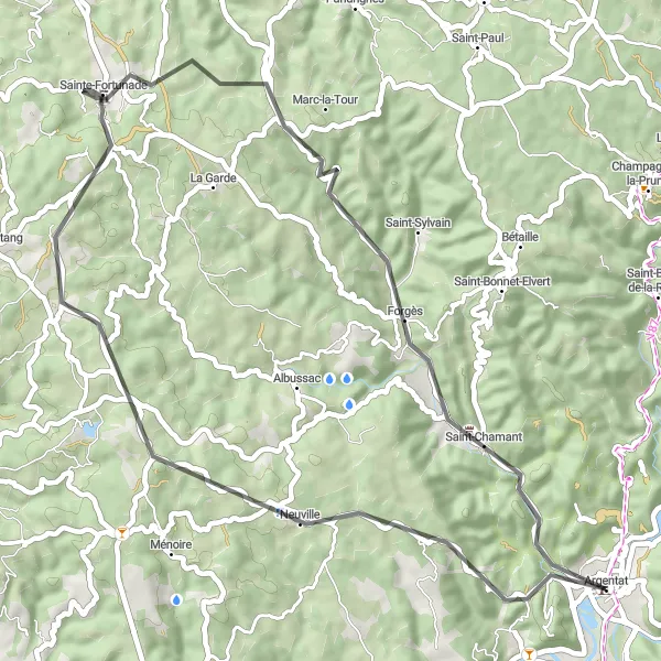 Miniature de la carte de l'inspiration cycliste "Boucle de Monceaux-sur-Dordogne" dans la Limousin, France. Générée par le planificateur d'itinéraire cycliste Tarmacs.app
