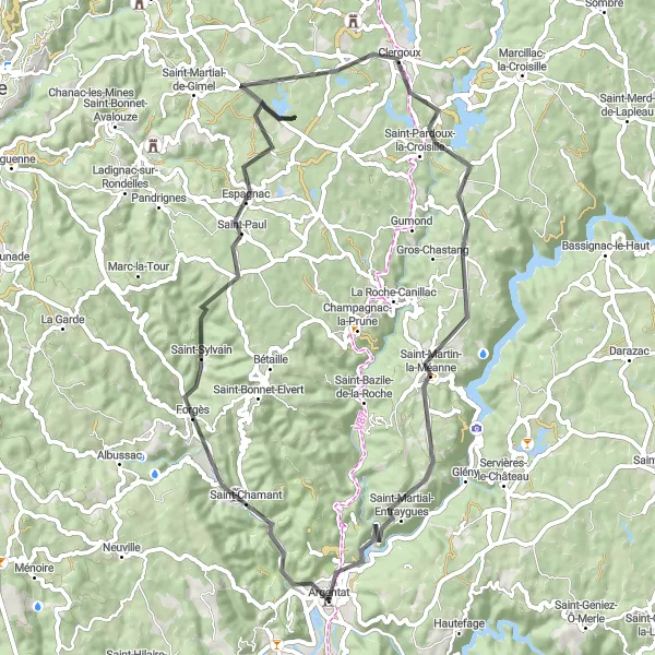 Map miniature of "Circuit autour d'Argentat" cycling inspiration in Limousin, France. Generated by Tarmacs.app cycling route planner