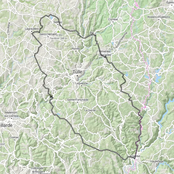 Miniature de la carte de l'inspiration cycliste "Tour des Eaux Vives et Cascades" dans la Limousin, France. Générée par le planificateur d'itinéraire cycliste Tarmacs.app