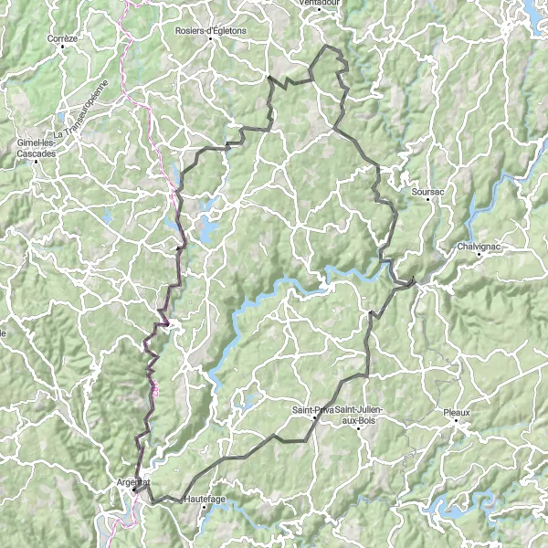 Map miniature of "Circular Route from Argentat to La Roche-Canillac" cycling inspiration in Limousin, France. Generated by Tarmacs.app cycling route planner