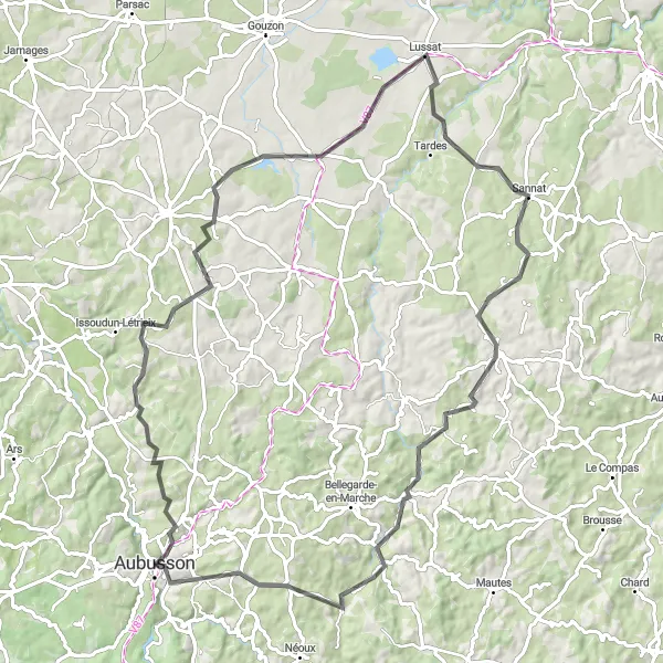 Miniature de la carte de l'inspiration cycliste "Circuit des Châteaux de la Creuse" dans la Limousin, France. Générée par le planificateur d'itinéraire cycliste Tarmacs.app