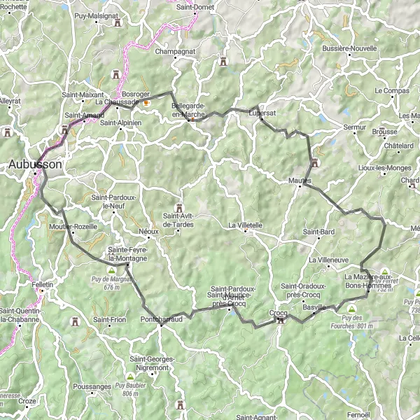 Miniature de la carte de l'inspiration cycliste "Escapade Nature en Creuse" dans la Limousin, France. Générée par le planificateur d'itinéraire cycliste Tarmacs.app