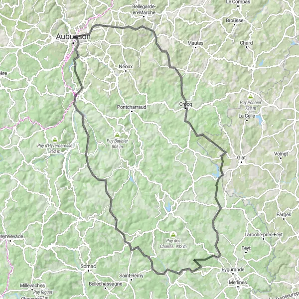 Miniature de la carte de l'inspiration cycliste "Boucle des Volcans de la Creuse" dans la Limousin, France. Générée par le planificateur d'itinéraire cycliste Tarmacs.app