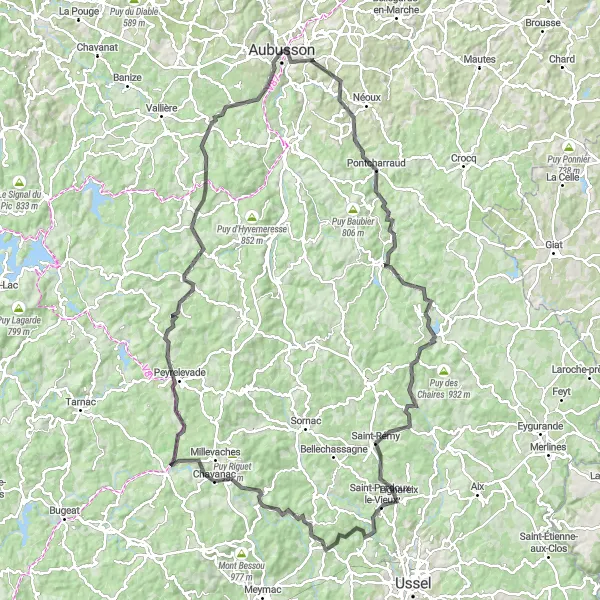 Map miniature of "The Montagne Escape" cycling inspiration in Limousin, France. Generated by Tarmacs.app cycling route planner