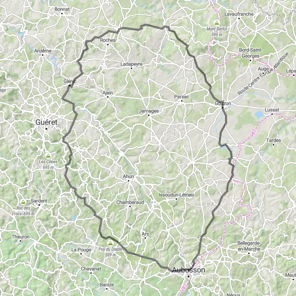 Miniature de la carte de l'inspiration cycliste "Circuit des Monts du Limousin" dans la Limousin, France. Générée par le planificateur d'itinéraire cycliste Tarmacs.app