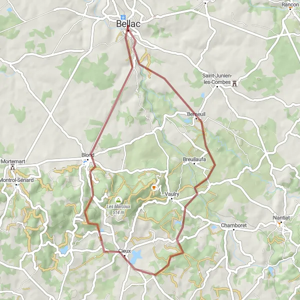 Miniature de la carte de l'inspiration cycliste "La Boucle de Bellac à Puy Pinot en Gravel" dans la Limousin, France. Générée par le planificateur d'itinéraire cycliste Tarmacs.app