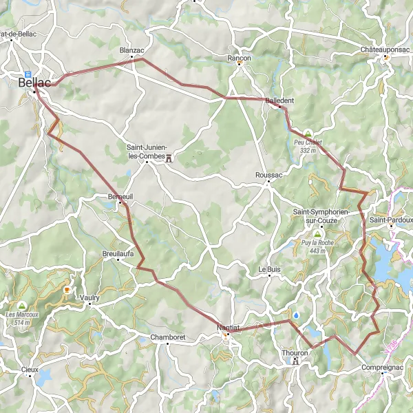 Map miniature of "Uncovering the Gravel Paths of Limousin" cycling inspiration in Limousin, France. Generated by Tarmacs.app cycling route planner