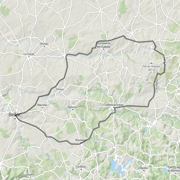 Miniature de la carte de l'inspiration cycliste "Escapade à vélo en Limousin" dans la Limousin, France. Générée par le planificateur d'itinéraire cycliste Tarmacs.app