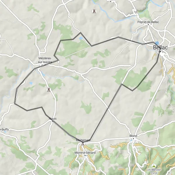 Miniature de la carte de l'inspiration cycliste "L'Escapade vers Mézières-sur-Issoire en Route" dans la Limousin, France. Générée par le planificateur d'itinéraire cycliste Tarmacs.app