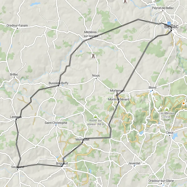 Miniature de la carte de l'inspiration cycliste "Parcours routier au départ de Bellec" dans la Limousin, France. Générée par le planificateur d'itinéraire cycliste Tarmacs.app