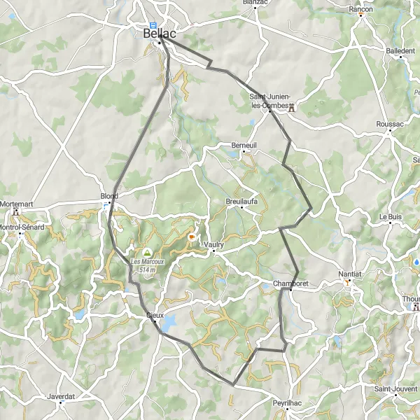 Map miniature of "Scenic Loop to Blond" cycling inspiration in Limousin, France. Generated by Tarmacs.app cycling route planner