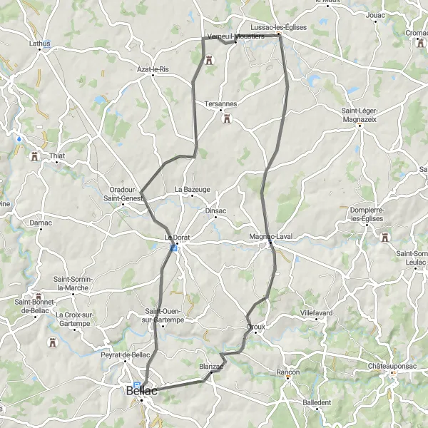 Miniature de la carte de l'inspiration cycliste "Le Circuit du Dorat à Magnac-Laval en Route" dans la Limousin, France. Générée par le planificateur d'itinéraire cycliste Tarmacs.app