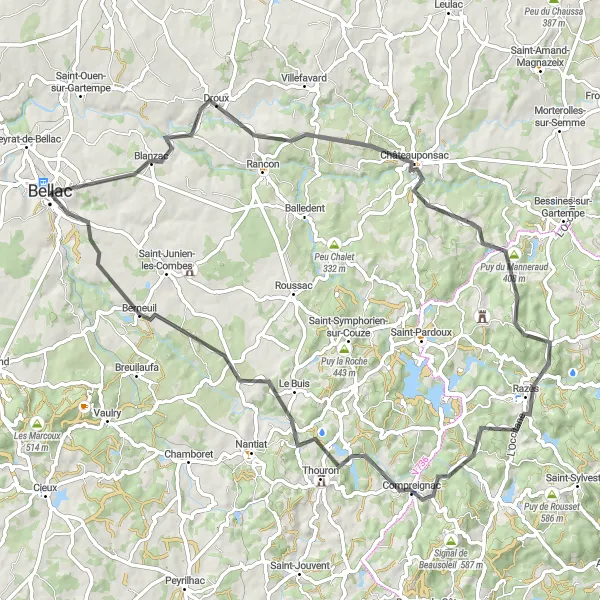 Map miniature of "Challenging Climbs and Scenic Vistas" cycling inspiration in Limousin, France. Generated by Tarmacs.app cycling route planner