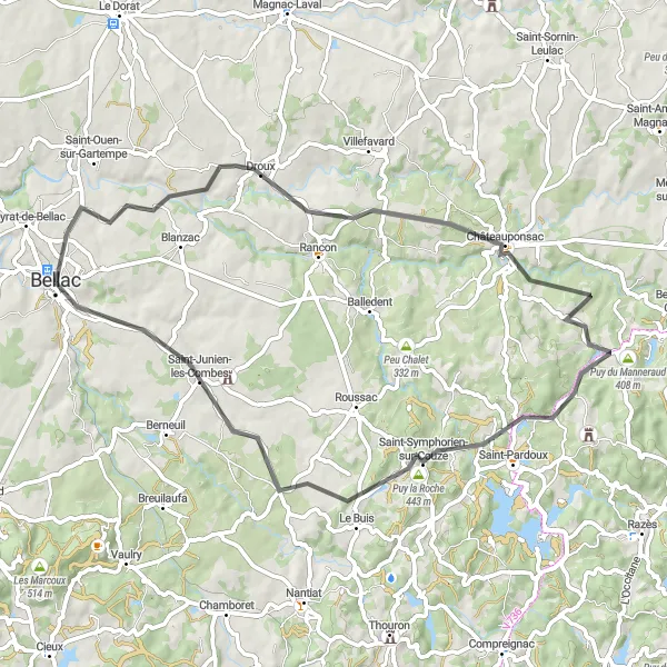 Map miniature of "Droux and Châteauponsac Route" cycling inspiration in Limousin, France. Generated by Tarmacs.app cycling route planner