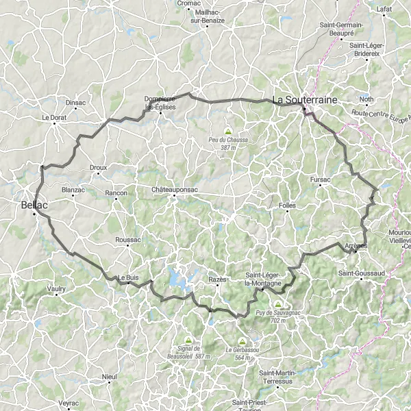 Map miniature of "Challenging Road Loop" cycling inspiration in Limousin, France. Generated by Tarmacs.app cycling route planner