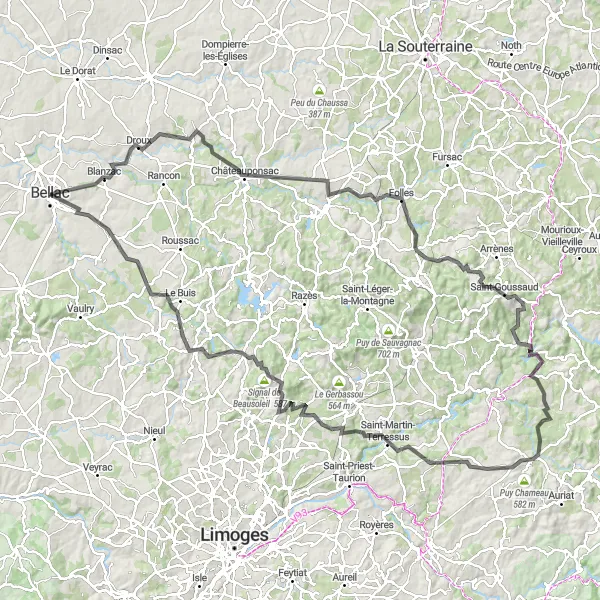 Map miniature of "Scenic Road Tour" cycling inspiration in Limousin, France. Generated by Tarmacs.app cycling route planner