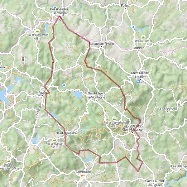Miniature de la carte de l'inspiration cycliste "Escapade dans les Monts Limousin" dans la Limousin, France. Générée par le planificateur d'itinéraire cycliste Tarmacs.app