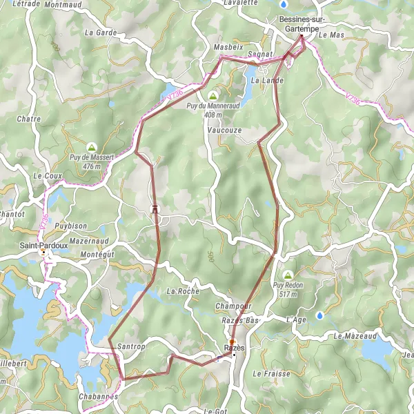 Miniature de la carte de l'inspiration cycliste "Parcours Pittoresque autour de Bessines" dans la Limousin, France. Générée par le planificateur d'itinéraire cycliste Tarmacs.app