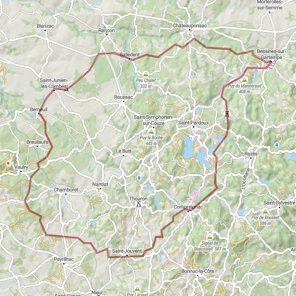 Map miniature of "Gartempe Gravel Extravaganza" cycling inspiration in Limousin, France. Generated by Tarmacs.app cycling route planner