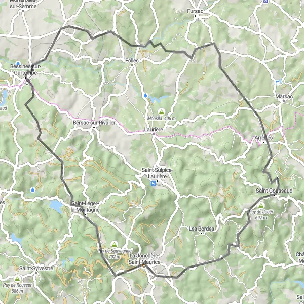 Map miniature of "Exploring the Countryside and Challenging Climbs" cycling inspiration in Limousin, France. Generated by Tarmacs.app cycling route planner